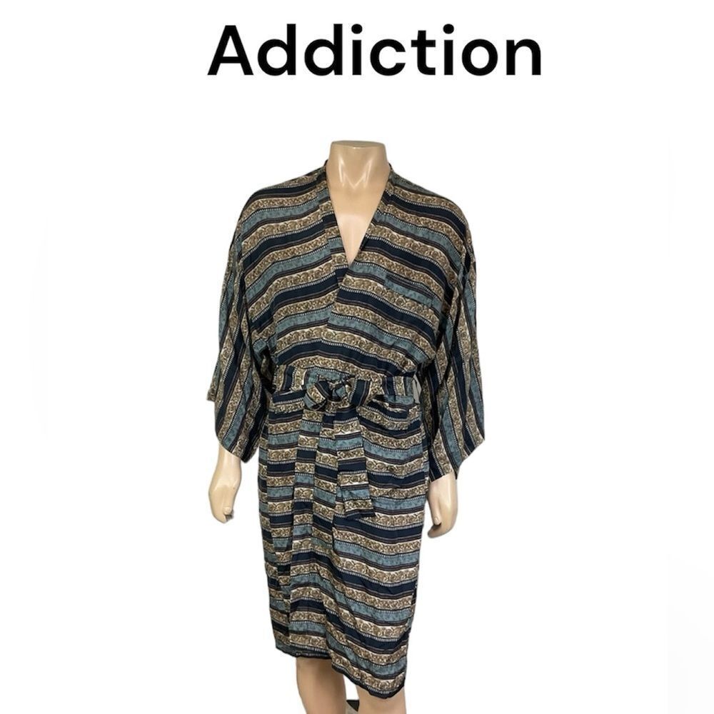 NEW Addiction Vintage Mens Blue Strips Silk Surplice Kimono Sleeve Robe OS